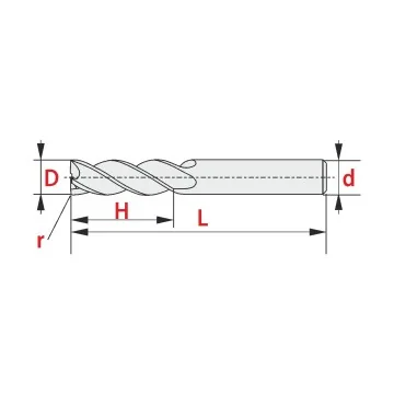 Solid Carbide End Mill ALU 3-Flute Helix Corner Radius Long Version (DLC)