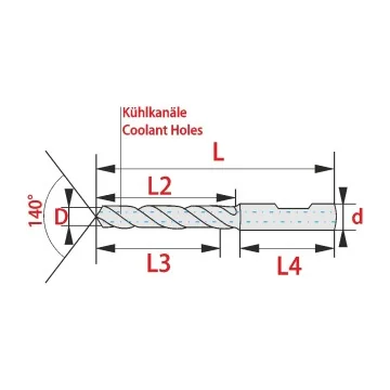 Solid carbide drill 3xD with cooling holes and Weldon shaft