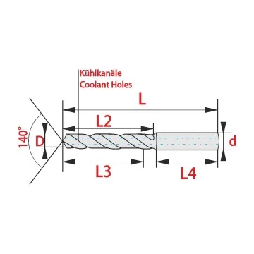 Solid carbide drill 8xD with cooling holes and Cylinder shaft